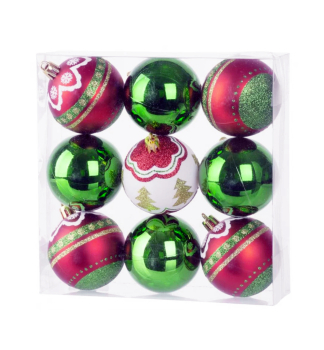KOULE MAGICHOME VNOCE, 9 ks, erveno-zelen s dekorac, 6 cm