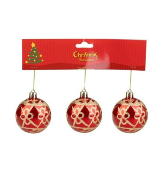 KOULE MAGICHOME VNOCE, 3 ks, erven, se zlatm ornamentem, 6 cm